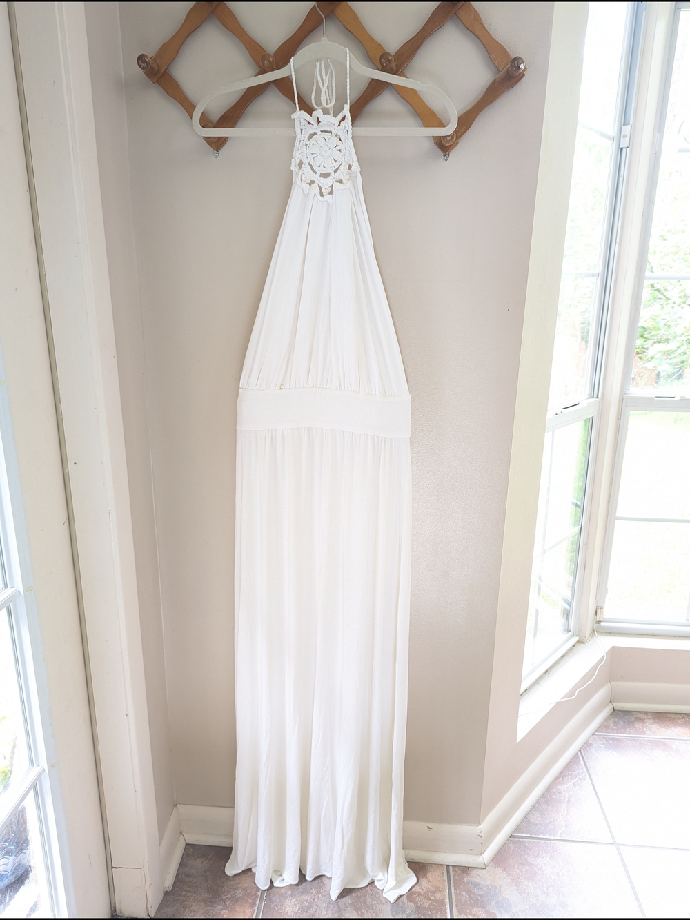 White Crochet Halter Maxi Dress - M